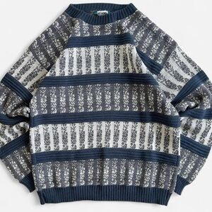 Vintage Gitano Blue & Gray Blend Knit Chunky Retro Striped Crewneck Sweater
